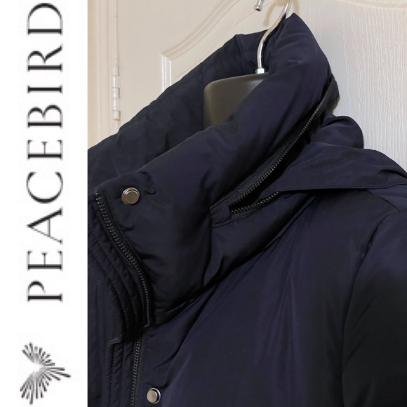 EUC PEACEBIRD midi length down puffer parka coat with hidden hood, navy blue - Picture 6 of 16